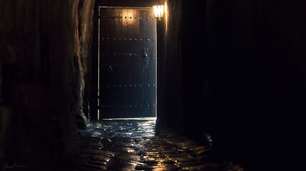 Book cover background for mystery novels or thrillers, midnight alley crime scene, wet reflective ground enhances drama