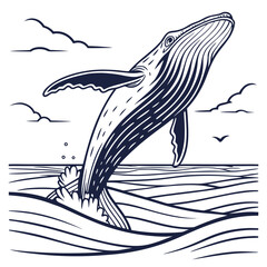 Majestic humpback whale breaching the ocean surface with dynamic waves and stylized clouds creating a dramatic and powerful marine wildlife illustration © Mamun