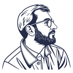Stylized line art portrait of a man with glasses and a beard looking to the side with a thoughtful expression rendered in a classic monochrome graphic style