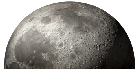 Highly Detailed Realistic Moon Close-Up with Craters and Shadows on Transparent Background
Astronomical Telescope View of the Moon – Textured Lunar Surface Isolated on Transparent Background
