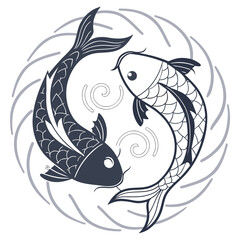 Stylized yin yang symbol featuring two dark blue koi fish swimming in a circular pattern with subtle swirls and wave motifs on a white background