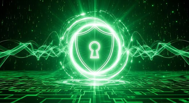 Glowing green digital shield with a keyhole symbol representing cybersecurity and data protection