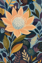 Moody, sophisticated botanical illustration of a large peach Protea surrounded by dense foliage in a dramatic palette of dusty blue, deep purple, and rich mustard. Ideal for luxury prints and opulent 