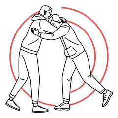 Two people embracing with one person offering comfort and support to the other depicted with a simple line art style and red concentric circles