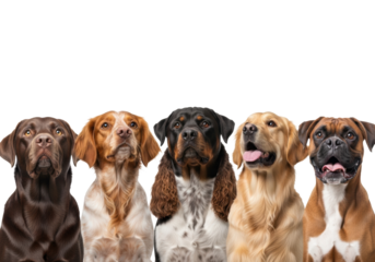 Six distinct dog breeds (Labrador, Brittany, Rottweiler, Springer, Golden, Boxer) heads looking upwards with curious, attentive expressions, white studio background, copy space commercial pet