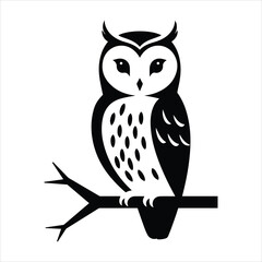 Stylized silhouette of a wise owl perched on a bare tree branch facing forward