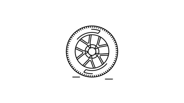 Animated car wheel black line icon. Tire spinning outline animation. Vehicle motion graphic. Seamless loop HD video for transport, speed, auto, and driving concepts.