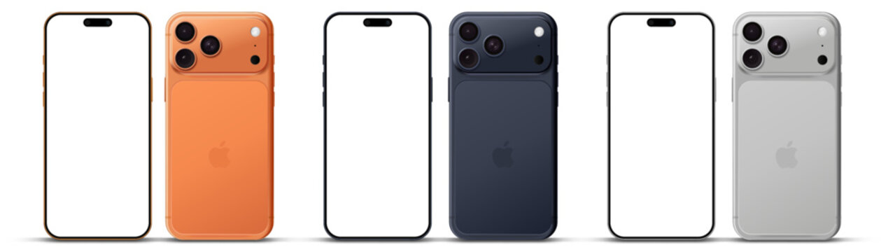 Istanbul, Turkey - October 1, 2025: New iPhone 17 Pro with color options. Silver, Cosmic Orange and Deep Blue colors. Smartphone 3D mockup screen front view iphone with white blank screens