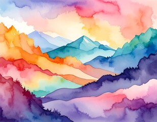 Colorful mountain landscape watercolor painting