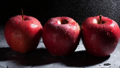 Red apples covered in water drops on black background. Wet apples.
