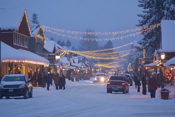 Charming snowy village with festive lights and cozy winter atmosphere