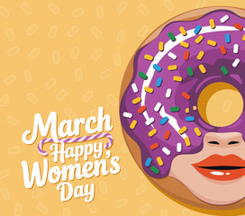 A vibrant donut adorned with sprinkles, symbolizing happiness and celebration, paired with a playful design representing Women's Day in March with a cheerful aesthetic.