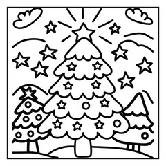 Obraz premium Christmas tree and snowman with gifts and snowflakes cartoon coloring illustration for children with animals and toys in a funny fairytale Xmas forest sketch, Coloring page