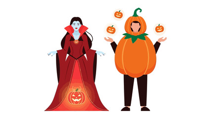 Spooky Halloween Costume Illustration: A vibrant illustration featuring a costumed person as vampire and other one as pumpkin, embodying the spirit of Halloween with creativity and fun.