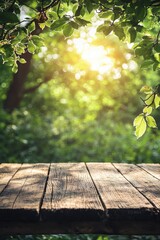 Rustic Wooden Table With Leafy Green Background and Sunlight