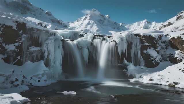 Frozen waterfall cascading in a snowy mountain landscape with icicles and snow-covered peaks
