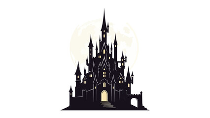 Mysterious Silhouette: A dramatic silhouette of a gothic castle, silhouetted against a full moon, evokes an atmosphere of mystery, fantasy, and timeless elegance.