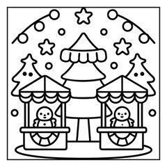 Obraz premium Christmas Cartoon Scene: Charming line art illustration capturing a festive winter wonderland featuring charming snowmen, twinkling lights, and a towering Christmas tree.
