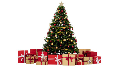 Decorated Christmas tree with gifts and presents underneath, a festive holiday decoration for the winter season on white background
