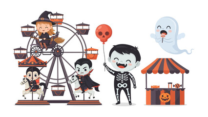 Halloween Carnival: A lively illustration of a Halloween carnival scene, featuring spooky characters like witches, vampires, skeletons, and ghosts, enjoying the festivities with a Ferris wheel.