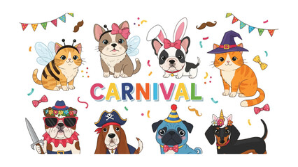 Carnival Pets: Adorable costumed pets, including cats and dogs, come together for a lively carnival celebration, with confetti, and vibrant colors.