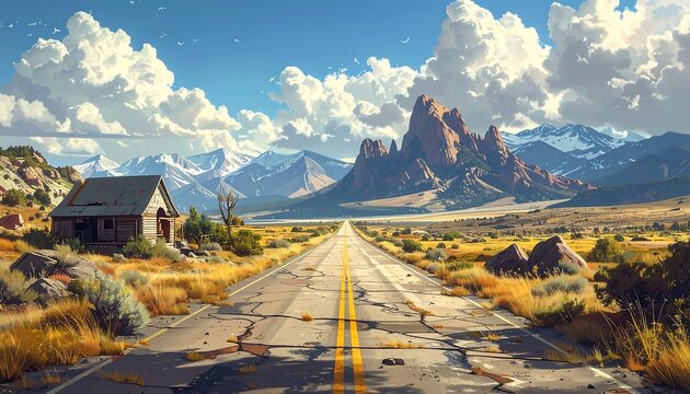 Desert Road Leading to Majestic Mountains Under a Dramatic Cloudy Sky.
