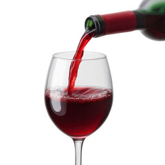 Pouring Red Wine Into a Clear Glass Stemware with Bubbles and Reflections on a White Background