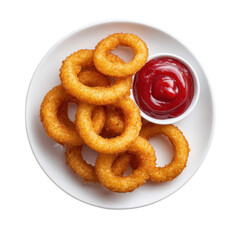 Naklejka premium Crispy Golden Onion Rings Served with a Side of Rich Red Ketchup for Delicious Snacking Experience