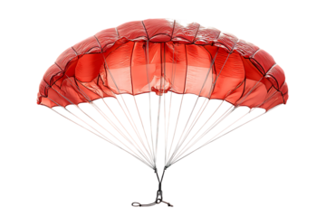 A Vibrant Red Parachute Gracefully Deployed Against a Pristine White Background, Showcasing its Intricate Canopy Structure.