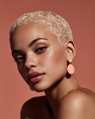 Studio portrait of young woman with short blonde hair, glowing skin and earrings, ideal for beauty, skincare, cosmetics, wellness, lifestyle, advertising and editorial projects.