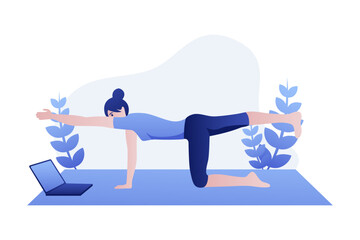 Online Yoga Class at Home – Woman Exercising with Laptop