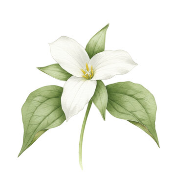 Delicate watercolor illustration of a white trillium flower and leaves isolated on white background