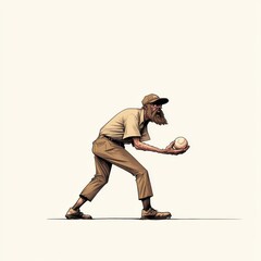 Vintage Man with Cap Holding Baseball in Cartoon Style Illustration