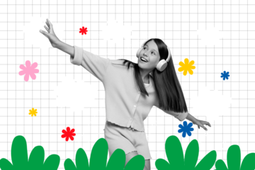 Composite photo collage of happy girl listen headphones music spring walk atmosphere flower bloom season isolated on painted background