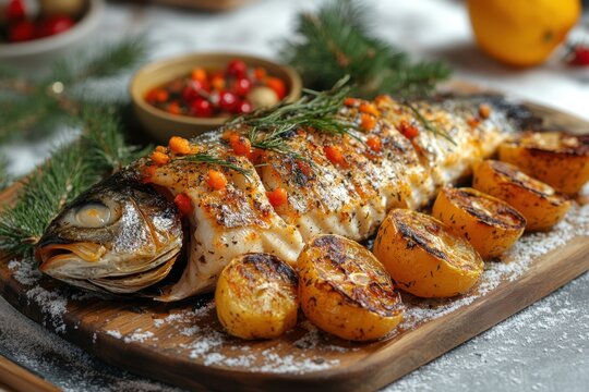 Roasted fish and vegetables on wooden cutting board.