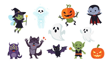 Obraz premium Spooky Halloween Cartoon Characters: A collection of various colorful cartoon characters associated with Halloween season. showcasing spooky elements like witch, vampires, ghosts and more