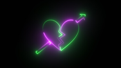 Neon Broken Heart Symbol Icon on Black Background, Broken heart animation, Concept 4k video
