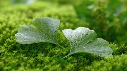 Fototapeta premium Two nearly-identical ginkgo leaves side-by-side on lush moss, macro reveals highly similar vein patterns and symmetry