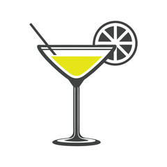 Martini glass with yellow liquid straw and lime slice cocktail drink