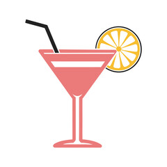 Pink martini cocktail with lemon slice and black straw drink glass