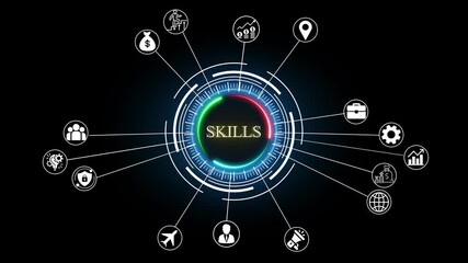Futuristic skills network diagram with glowing neon circle and diverse business icons representing career growth finance global reach innovation teamwork and success on black background - Powered by Adobe