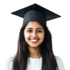 Smiling young woman wearing graduation cap isolated on transparent background. Young Indian female college student wearing a square academic cap for graduation isolated on white background.