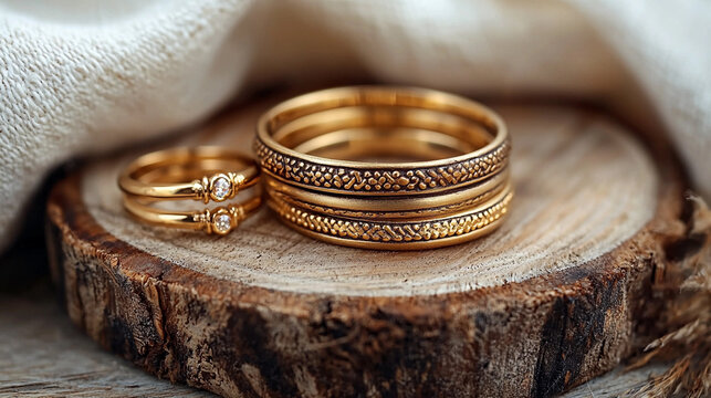 Elegant brass jewelry rings and bracelets arranged on wood Generative AI
