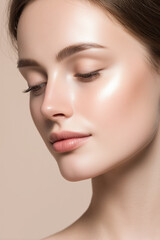 Naklejka premium Close up of woman face with fair glowing skin, smooth texture, and natural makeup, showing delicate features and soft expression