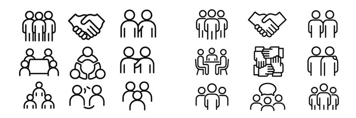Collection of simple line icons representing teamwork, collaboration, and partnership in various group settings