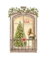 Vintage cartoon cute composition with window frame viewed from outside with cozy room with Christmas tree and decorations isolated on white background. Watercolor hand drawn illustration sketch