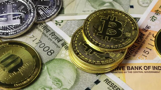 A close up of female hand taking one coin from the stack of Bitcoin coins laying on Indian rupee banknotes (INR). Concept of digital currency technology, electronic finance, cryptocurrency investment.