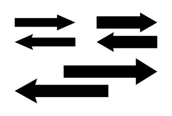 Horizontal straight arrow, options left, right, black silhouette, flat design, vector. A simple graphic element is isolated on white for design, direction indication, navigation. A set of pointer icon