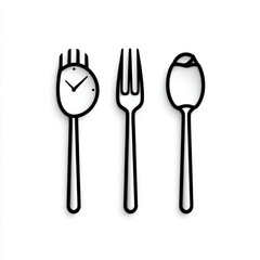 Minimalist Fork Spoon and Clock Icons, in black and white, representing mealtime and dining schedule