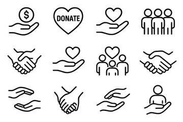 Hands offering help through donations, love, and community support in black and white illustrations